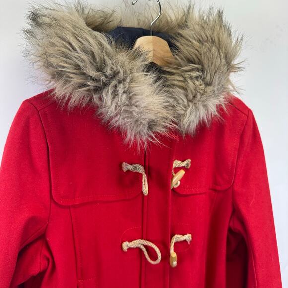 American Eagle Wool Blend Red Fur Hood Toggle Button Pea Coat Womens Large - Picture 3 of 16